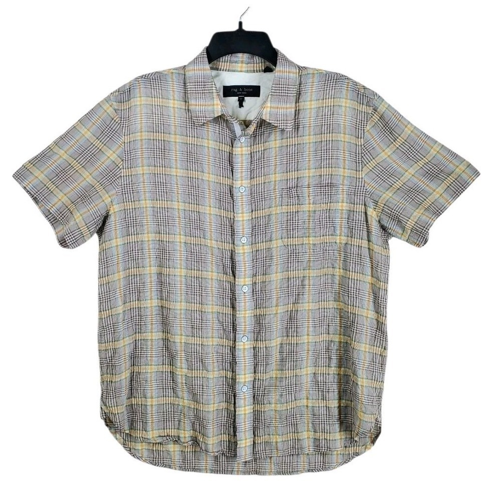 Rag & Bone Shirt Mens L Beige Yellow Plaid Check Gauze Button Up SS Autumn - Picture 10 of 11